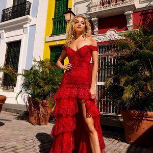 NEW LONG FORMAL OFF SHOULDER MAXI DRESS EMBROIDERED WITH GLITTER & LACE NX R1301